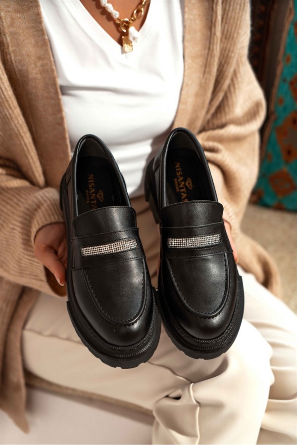 Soft Siyah Mat Taş Detaylı Kadın Loafer Ayakkabı - NSN-GZ05K SİYAH MAT