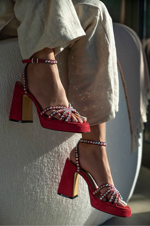 Aqua Kırmızı Bilek Bağlı Taş Detay Kadın Topuklu Ayakkabı