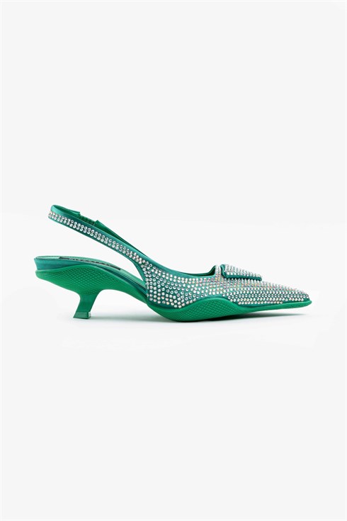 Diamond Çimen Yeşili Saten Taş Detay Kadın Topuklu Ayakkabı - NSN-SR200K ÇİMEN YEŞİLİ TAŞ