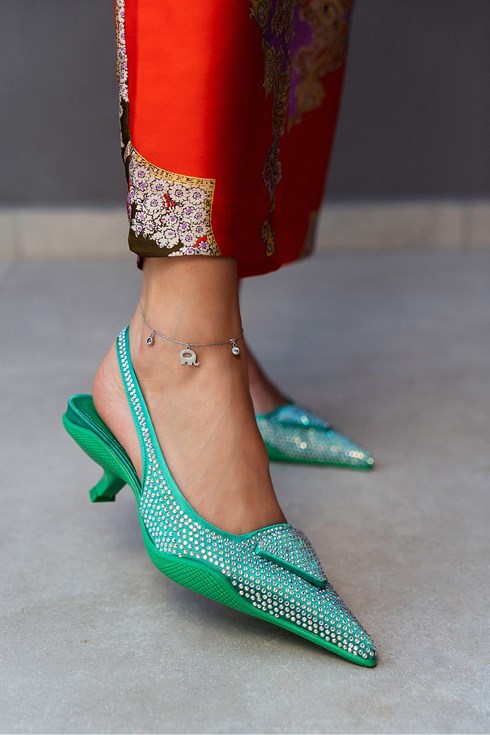 Diamond Çimen Yeşili Saten Taş Detay Kadın Topuklu Ayakkabı - NSN-SR200K ÇİMEN YEŞİLİ TAŞ