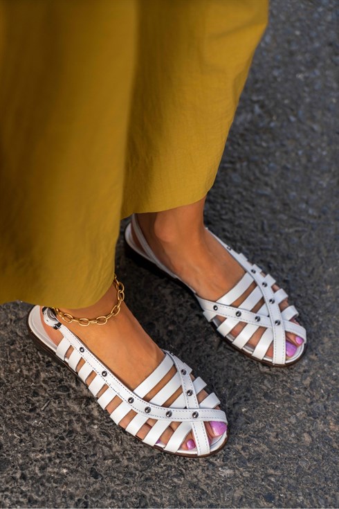 Lolly White Matte Trok Detail Flat Sole Sandals