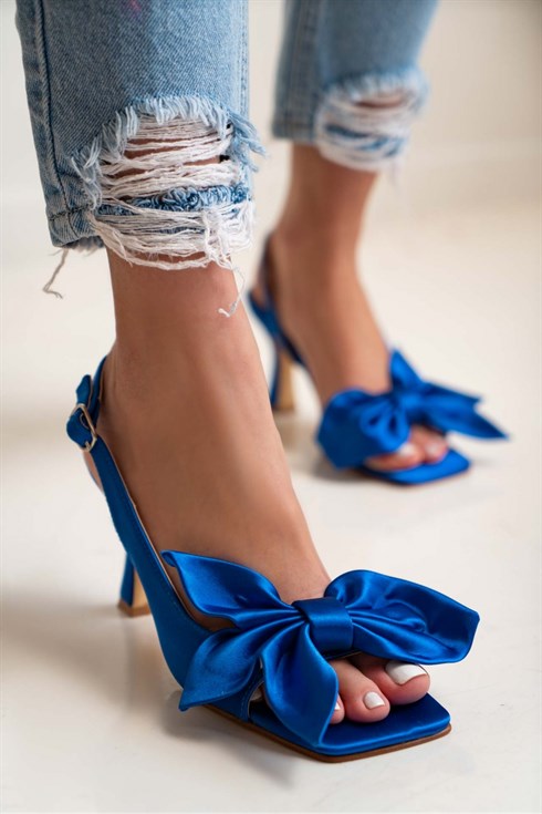 Lorea Sax Blue Satin Bow Detailed Heeled Shoes