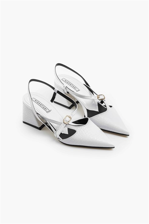 Smiley Beyaz Desenli Detay Kemerli Kadın Topuklu Ayakkabı - NSN-HLL7000 BEYAZ DESENLİ