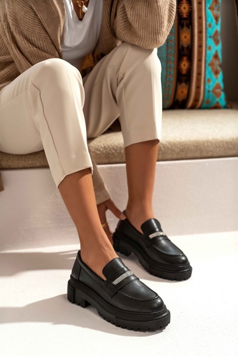 Soft Siyah Mat Taş Detaylı Kadın Loafer Ayakkabı - NSN-GZ05K SİYAH MAT